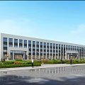Modern Industrial Factory Building Exterior With Glass Windows Green Landscaping And Pedestrian Area