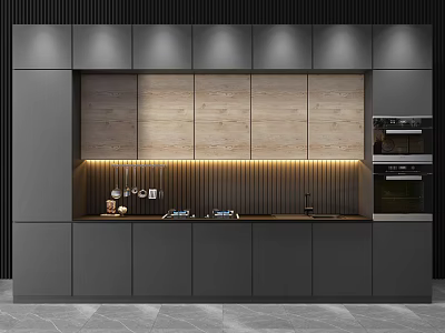 Modern Kitchen Interior With Gray Cabinets Wooden Backsplash And Lighting 3d model