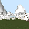 Garden Landscape At Night With White Tents String Lights And People Sitting On Grass