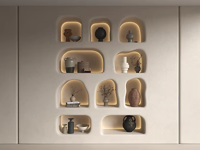 Modern Wall Mounted Shelving Unit Displaying Decorative Vases and Art Decor Items 3d model