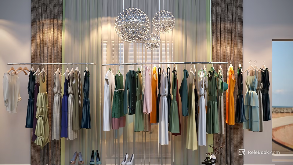 Colorful Dresses in Various Styles Hanging on Racks with High Heels and Decorative Lights 3d model 