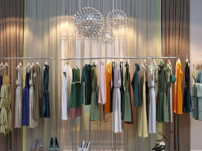 Colorful Dresses in Various Styles Hanging on Racks with High Heels and Decorative Lights 3d model