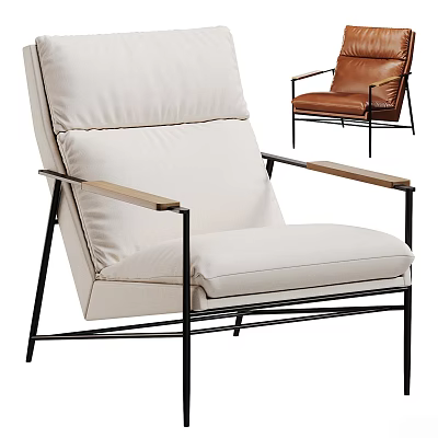 Beige Fabric Single Sofa With Wooden Armrests Black Metal Frame And Brown Leather Accent Chair 3d model