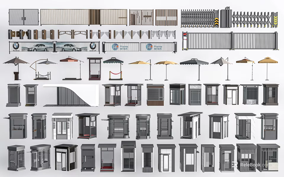 Various Outdoor Architectural Elements Including Railings Gates Kiosks And Umbrellas 3d model