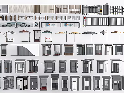 Various Outdoor Architectural Elements Including Railings Gates Kiosks And Umbrellas 3d model