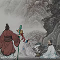 Traditional Chinese Figure Painting of Three Robed Figures Gathered by Mountain Waterfall Trees and Mist
