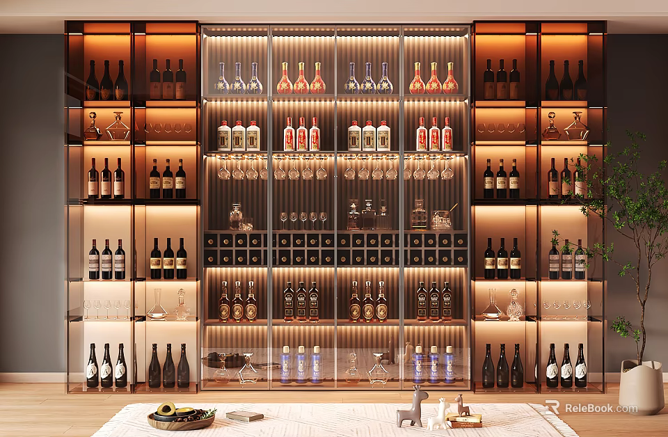 Modern Wine Cabinet With Built in Lighting Multi tiered Shelves For Wine Bottles And Glasses 3d model 