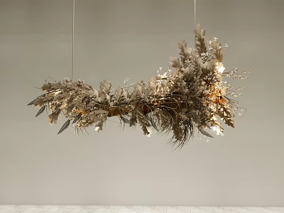 Natural Style Chandelier With Feather And Dried Grass In Neutral Tones For Decorative Space 3d model