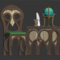 Wooden Table And Chair Set With Green Cushion Unique Design And Decorative Globe Ornament