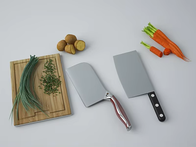 Essential Cooking Utensils With Cutting Board Knives And Fresh Vegetables 3d model