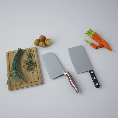 Essential Cooking Utensils With Cutting Board Knives And Fresh Vegetables 3d model