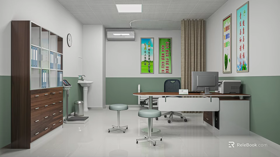Medical Office Room With White Green Walls Posters Red Text Wooden Cabinet And Computer Desk 3d model 