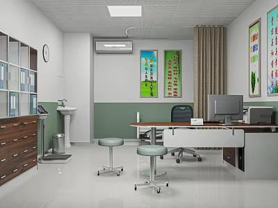 Medical Office Room With White Green Walls Posters Red Text Wooden Cabinet And Computer Desk 3d model