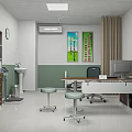 Medical Office Room With White Green Walls Posters Red Text Wooden Cabinet And Computer Desk
