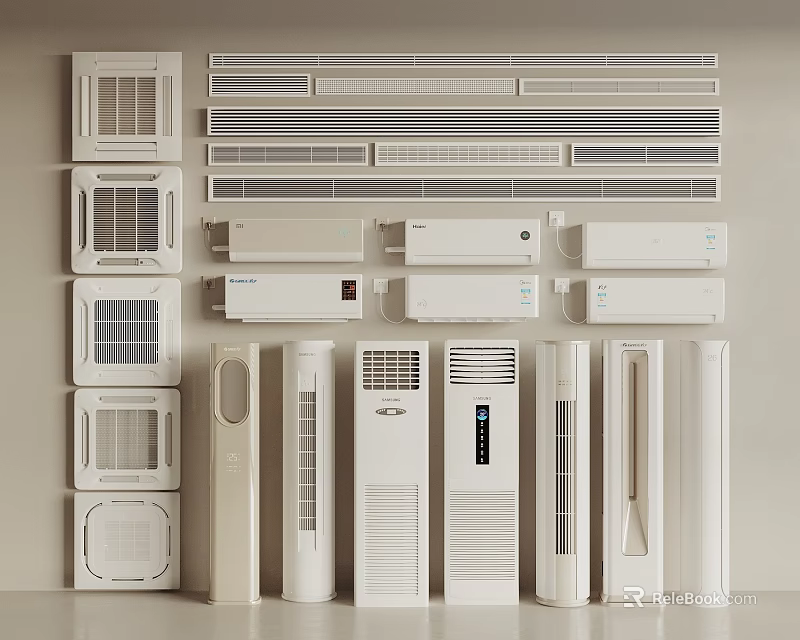 Different Types of White Air Conditioners and Fans Displayed on Light Background 3d model 