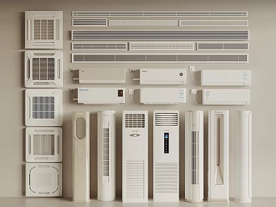 Different Types of White Air Conditioners and Fans Displayed on Light Background 3d model
