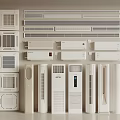 Different Types of White Air Conditioners and Fans Displayed on Light Background