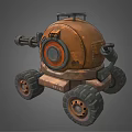 Rusty Orange Armored Mechanical Robot With Large Cannon And Wheels 3d model