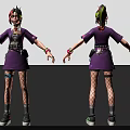 A Woman In Purple Dress With Colorful Hair Headband Fishnet Stockings And Sneakers