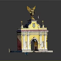 Ancient Yellow Architecture With Golden Eagle Statue On Top And Arched Doorway