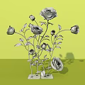 Decorative Floral Display With Purple Roses Green Stems And Leaves On Green Background