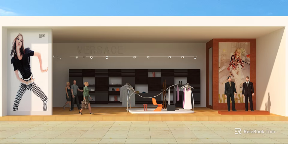 Versace Fashion Retail Store with Clothing Displays Shelves and Mannequins and Customers Shopping Inside 3d model 