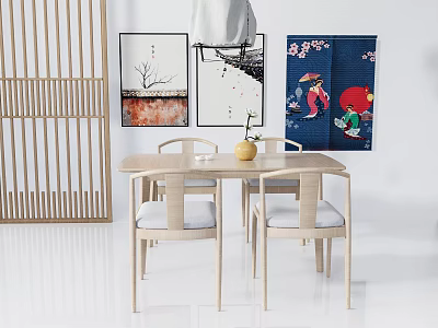 Minimalist Wooden Dining Table Set With Upholstered Chairs Decorative Wall Art And Wooden Screen 3d model
