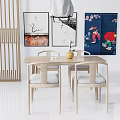 Minimalist Wooden Dining Table Set With Upholstered Chairs Decorative Wall Art And Wooden Screen