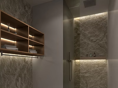 Modern Warm Bathroom Shower Area With Textured Natural Stone Wall And Illuminated Wood Storage Shelves 3d model