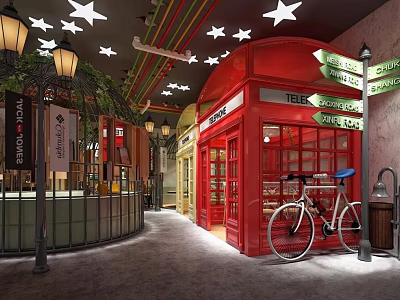 Hotel Corridor Featuring Red Telephone Booth Bicycle Street Lamps Star Decorations And Directional Signs 3d model