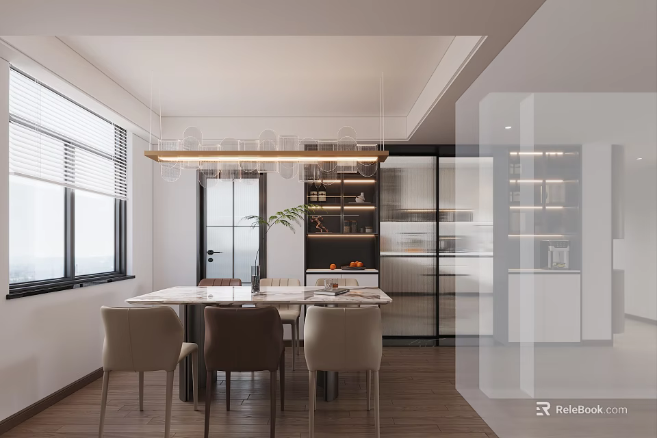 Modern Restaurant Interior With Dining Table Chairs Hanging Light Open Kitchen Windows And Green Plant 3d model 