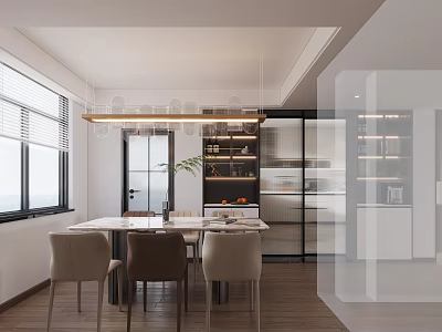 Modern Restaurant Interior With Dining Table Chairs Hanging Light Open Kitchen Windows And Green Plant 3d model