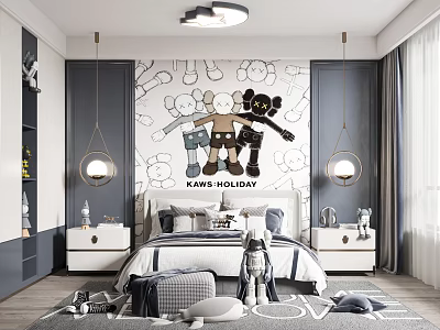 Fashionable Kids Room Interior Decor With Kaws Doll Mural Pendant Lights And Letter Rug 3d model