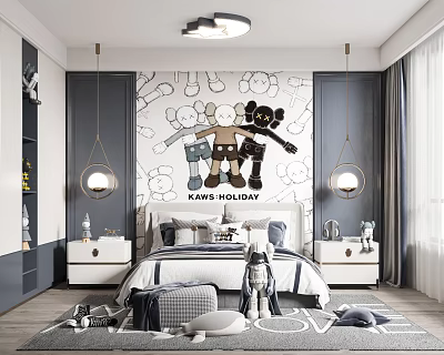 Fashionable Kids Room Interior Decor With Kaws Doll Mural Pendant Lights And Letter Rug 3d model
