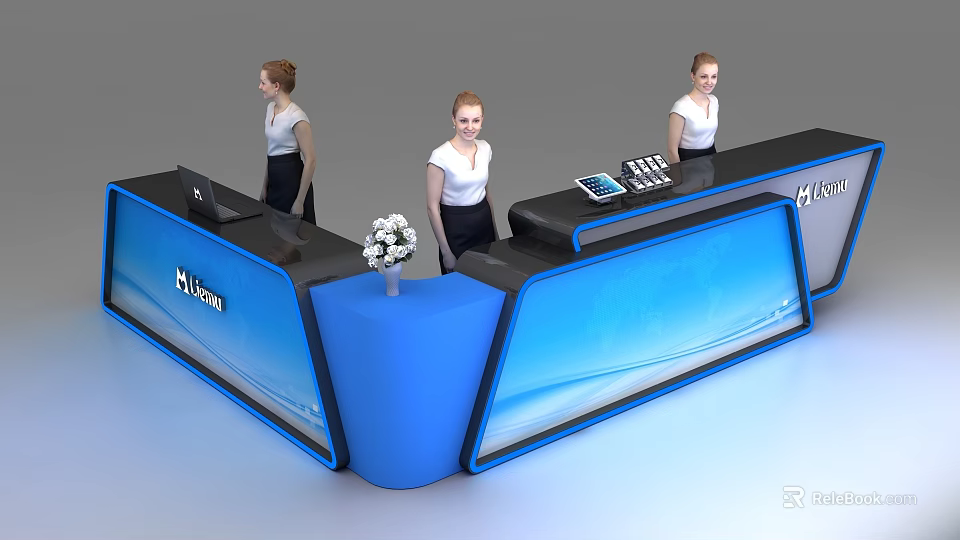 Modern Blue Curved Reception Desk With Staff Computer And Flower Vase 3d model 