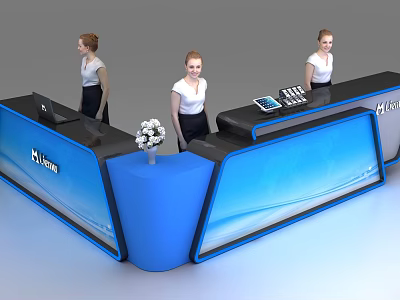 Modern Blue Curved Reception Desk With Staff Computer And Flower Vase 3d model