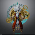 Man In Red Gold Robe With White Hair Beard Blue Circular Gears And Green Gemstones