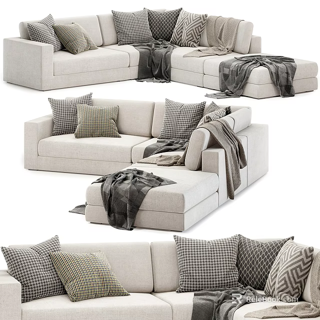 Modern Beige Sectional Sofa With Linen Fabric Plush Pillows And Throw Blankets 3d model 