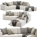 Modern Beige Sectional Sofa With Linen Fabric Plush Pillows And Throw Blankets 3d model