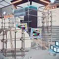 Creative Window Display with Scaffolding Structure TV Screens Neon Lights Rocks and Geometric Blocks