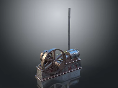 Vintage Steam Engine Model With Metal Wheel Piston Rod And Base On Reflective Surface 3d model