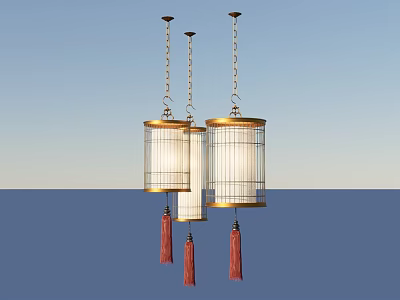 Chinese Style Ceiling Hanging Chandeliers With Gold Frame White Lampshade And Red Tassels 3d model