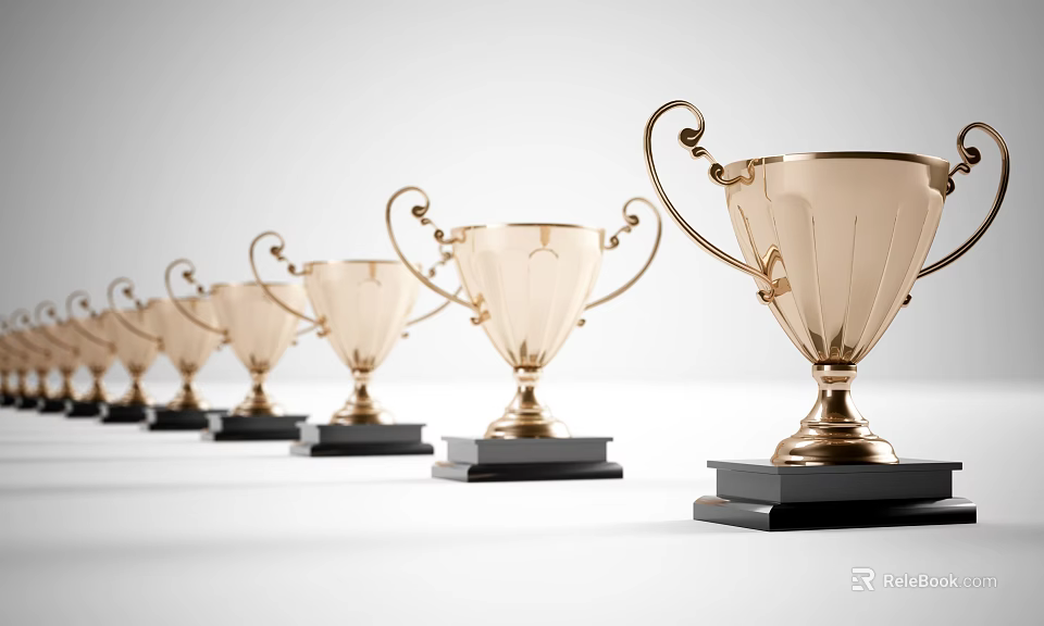 Golden Trophies With Black Bases Arranged In A Row On White Background 3d model 