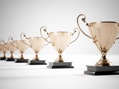 Golden Trophies With Black Bases Arranged In A Row On White Background 3d model