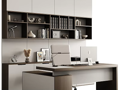 Modern Minimalist Study Room Desk And Chair Set With Bookshelf Laptop And Table Lamp 3d model