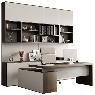 Modern Minimalist Study Room Desk And Chair Set With Bookshelf Laptop And Table Lamp 3d model