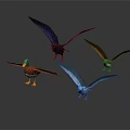 Four Various Colored Birds with Spread Wings in 3D Rendered Scene