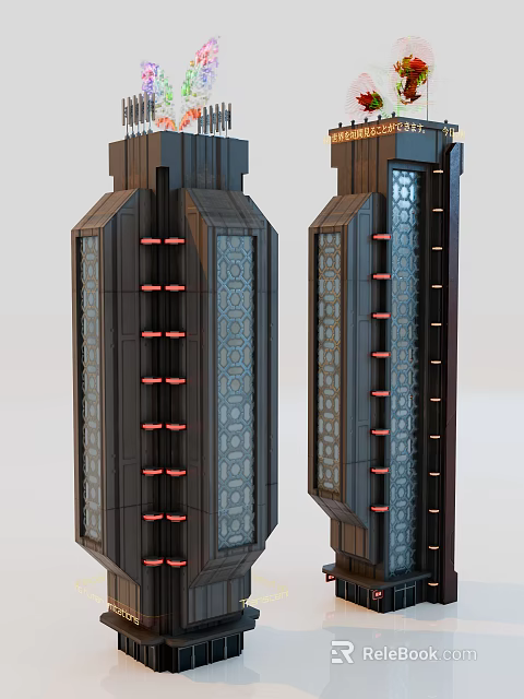 Two Tall Futuristic Tower Structures Featuring Geometric Patterns And Red Vertical Accents 3d model 