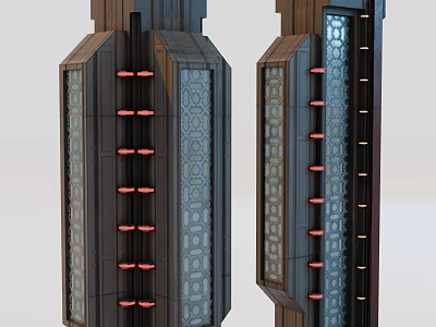 Two Tall Futuristic Tower Structures Featuring Geometric Patterns And Red Vertical Accents 3d model