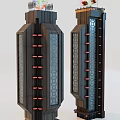 Two Tall Futuristic Tower Structures Featuring Geometric Patterns And Red Vertical Accents